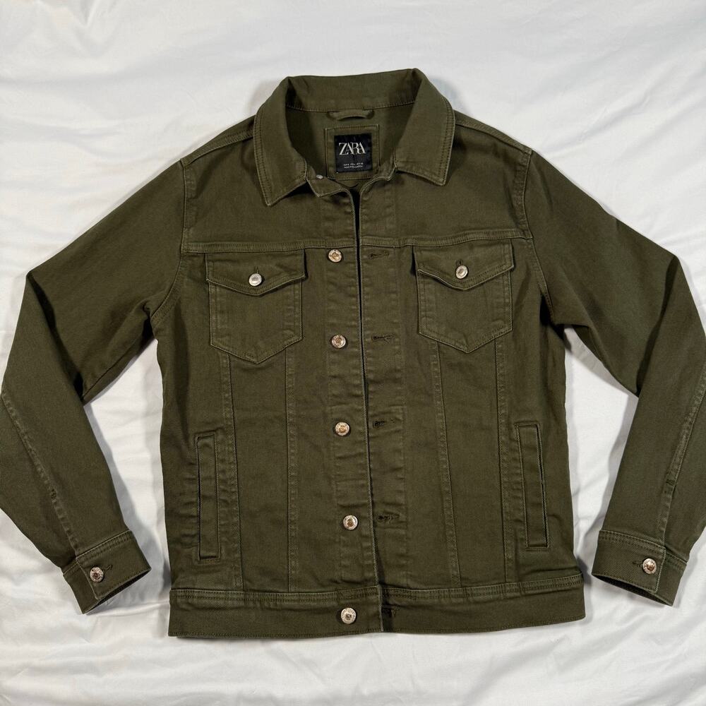 Zara Mens olive green trucker jacket USA Medium button front cotton denim